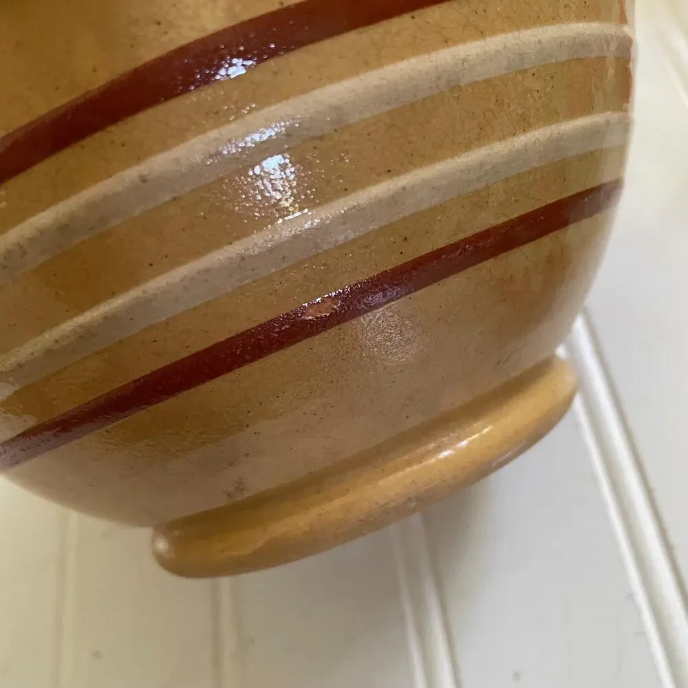 Antique 1930s Yellowware Stoneware Nesting Mixing Bowl White Brown Stripe Set x4